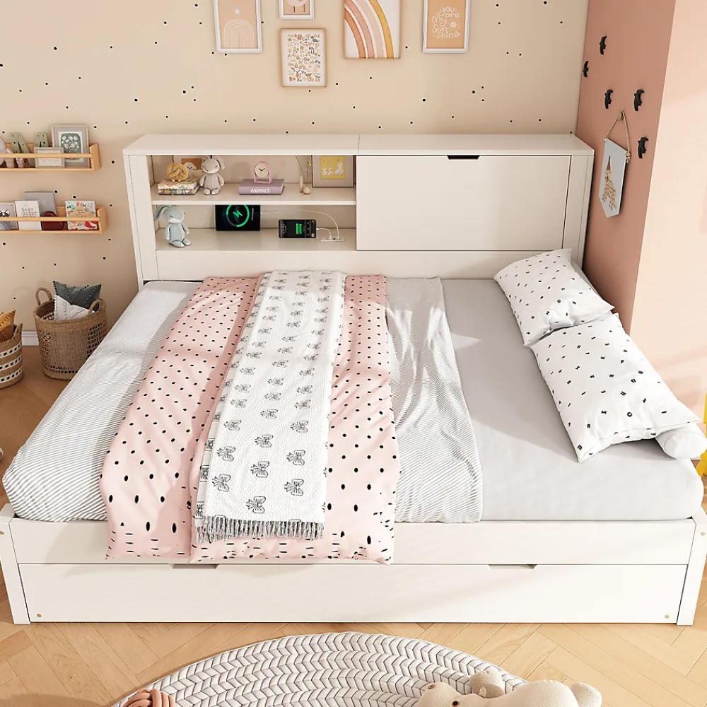 Canapé-lit 140x190cm - lit gigogne - USB et Type-C - rangements - blanc (matelas non inclus)>ModernLuxe