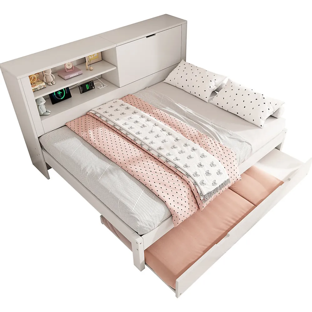Canapé-lit 140x190cm - lit gigogne - USB et Type-C - rangements - blanc (matelas non inclus)>ModernLuxe