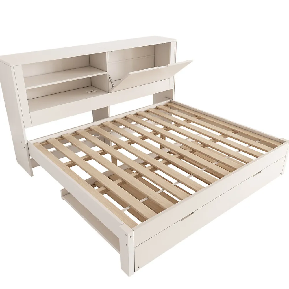 Canapé-lit 140x190cm - lit gigogne - USB et Type-C - rangements - blanc (matelas non inclus)>ModernLuxe