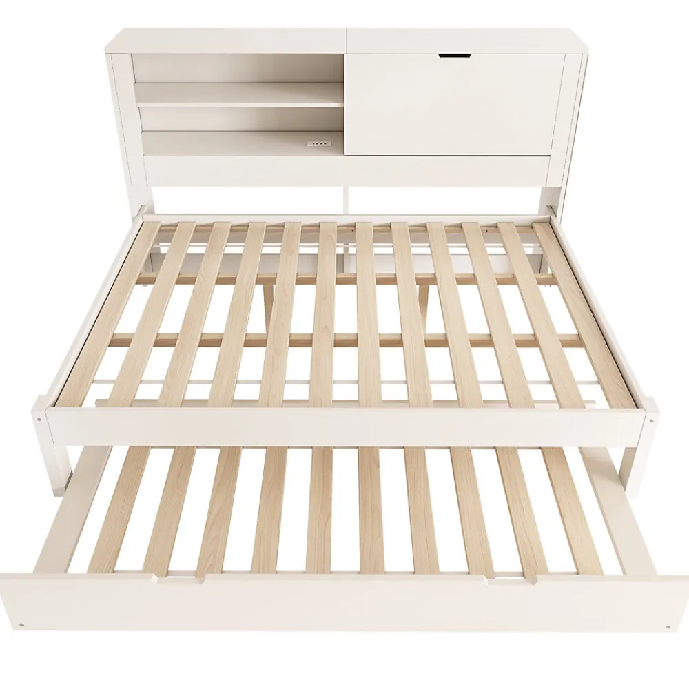 Canapé-lit 140x190cm - lit gigogne - USB et Type-C - rangements - blanc (matelas non inclus)>ModernLuxe
