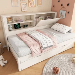 ModernLuxe Canapé-lit 90x190cm - lit gigogne - USB et Type-C - rangements - blanc (matelas non inclus)* Lit Gigogne