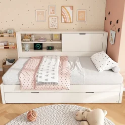 ModernLuxe Canapé-lit 90x190cm - lit gigogne - USB et Type-C - rangements - blanc (matelas non inclus)* Lit Gigogne