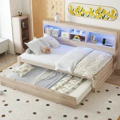 Canapé-lit 90x200cm LED télécommandé rangement prise/USB sans matelas naturel><noscript><img width=