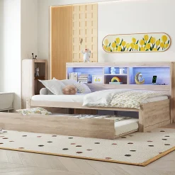 Canapé-lit 90x200cm LED télécommandé rangement prise/USB sans matelas naturel><noscript><img width=