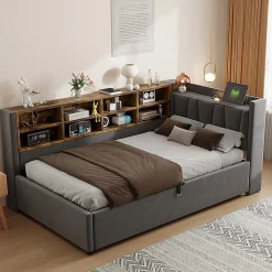 Blackcolors Canapé-lit 90x200cm, rangement hydraulique, USB/Type-C, velours gris foncé* Lit Coffre