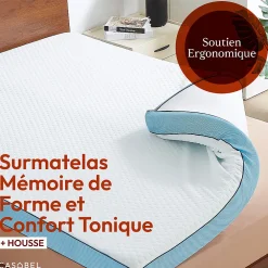 Surmatelas 140 x 190 cm Mémoire de Forme - 7 cm d'épaisseur - Confort Moelleux ou Tonique, Double Face avec Housse Respira>Casabel Outlet