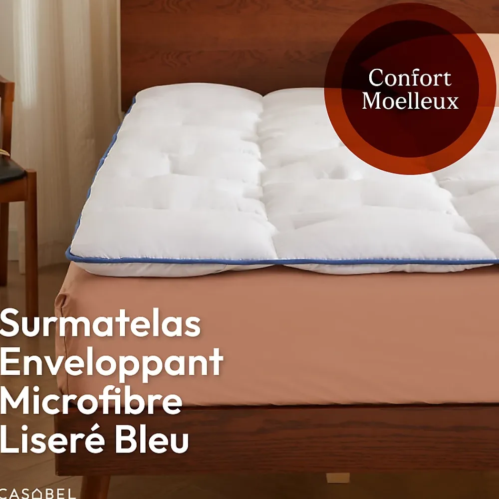Casabel surmatelas enveloppant 140x200 cm en microfibre respirante, ultra moelleux, anti-acariens, avec liseré bleu* Surmatelas