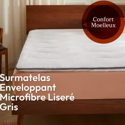 Surmatelas 140x200 cm en Microfibre Rerspirante, Ultra Moelleux, Anti-Acariens, Liseré Gris, Idéal Matelas 2 places>Casabel Clearance