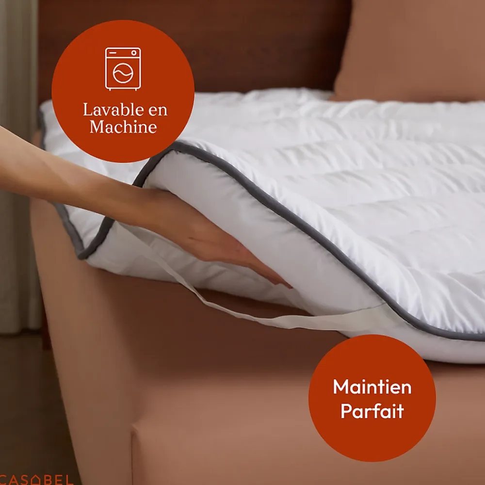 Casabel Surmatelas 150x200 cm en Microfibre Rerspirante, Ultra Moelleux, Anti-Acariens, Liseré Gris, Idéal Matelas 2 places* Surmatelas