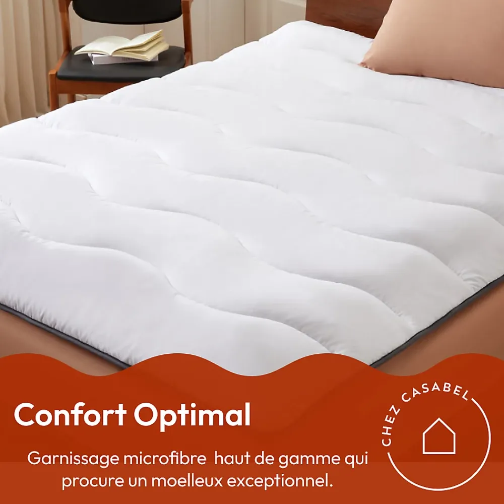 Casabel Surmatelas 150x200 cm en Microfibre Rerspirante, Ultra Moelleux, Anti-Acariens, Liseré Gris, Idéal Matelas 2 places* Surmatelas