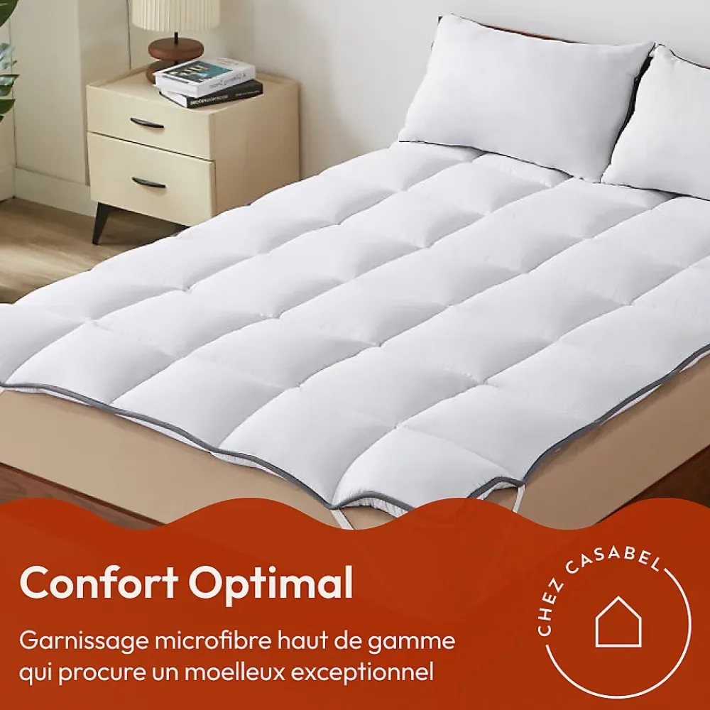 Casabel Surmatelas 160x190 cm 600gsm Extra Moelleux Microfibre Respirante Matelassage Confort 4 Elastiques d Angle* Surmatelas