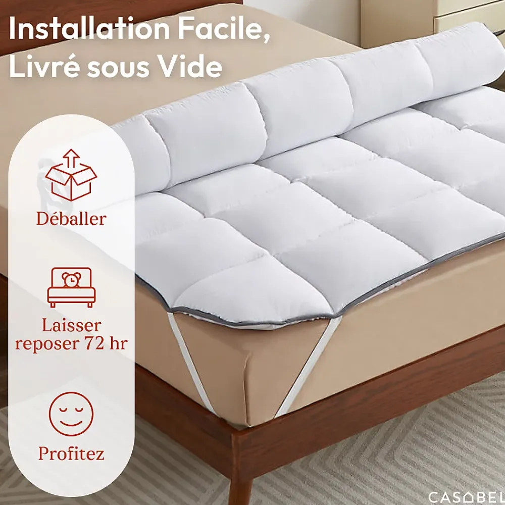 Casabel Surmatelas 160x190 cm 600gsm Extra Moelleux Microfibre Respirante Matelassage Confort 4 Elastiques d Angle* Surmatelas