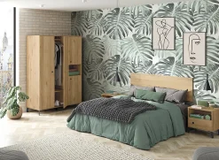 Chambre à coucher adulte coloris chêne doré ( armoire + 2 chevets + Tête de lit )>Pegane Outlet