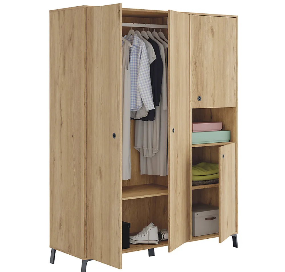Chambre à coucher adulte coloris chêne doré ( armoire + 2 chevets + Tête de lit )>Pegane Outlet