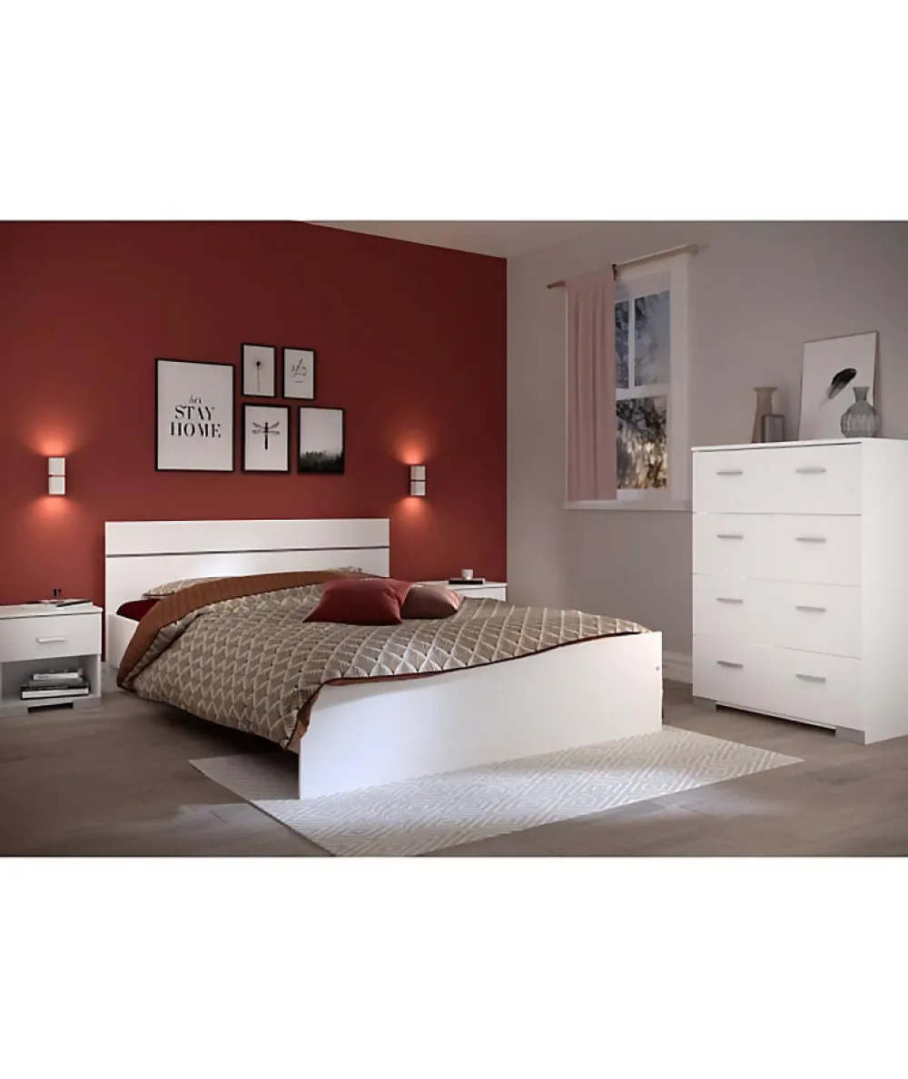 Parisot Chambre complete BOSTON : Lit adulte 140x190 + Commode + 1 Chevet - Décor blanc - Fabriqué en France* Ensemble Sommier Et Matelas