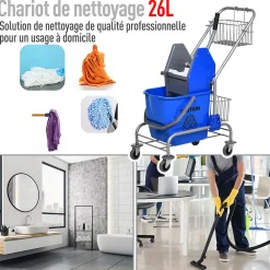 Chariot de lavage chariot de nettoyage professionnel en acier presse à mâchoire seau + rangements bleu><noscript><img width=