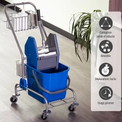 Chariot de lavage chariot de nettoyage professionnel en acier presse à mâchoire seau + rangements bleu><noscript><img width=