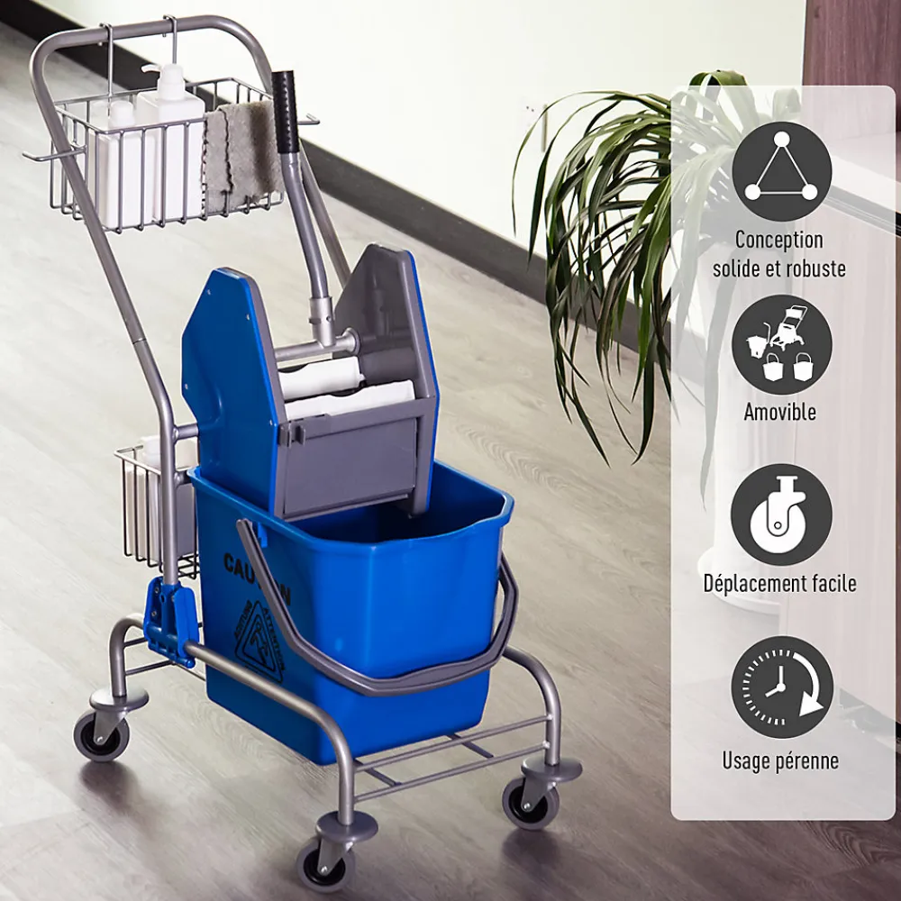 Chariot de lavage chariot de nettoyage professionnel en acier presse à mâchoire seau + rangements bleu>Homcom Best