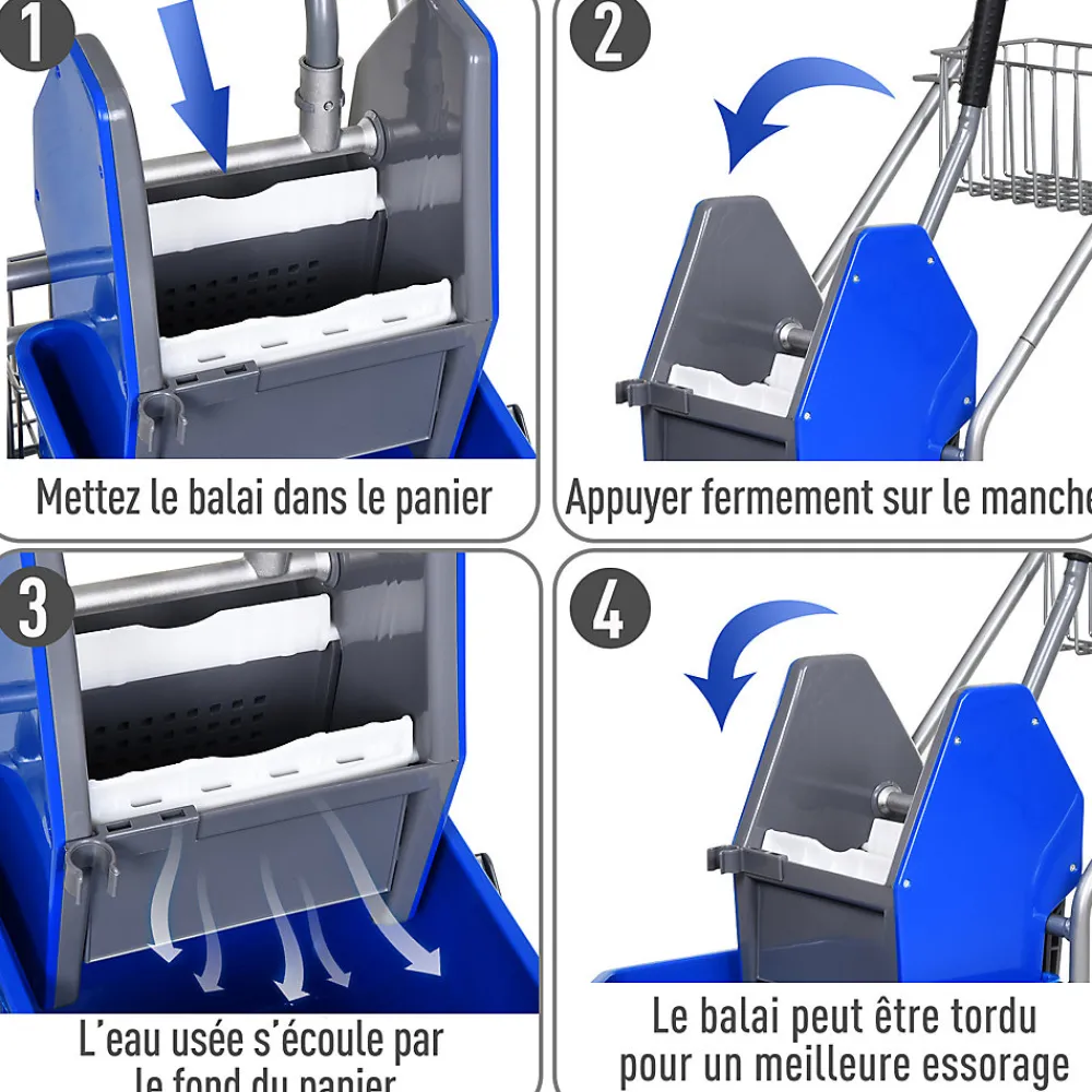 Chariot de lavage chariot de nettoyage professionnel en acier presse à mâchoire seau + rangements bleu>Homcom Best