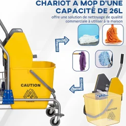 Chariot de lavage chariot de nettoyage professionnel en acier presse à mâchoire seau + rangements jaune><noscript><img width=