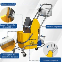 Chariot de lavage chariot de nettoyage professionnel en acier presse à mâchoire seau + rangements jaune><noscript><img width=