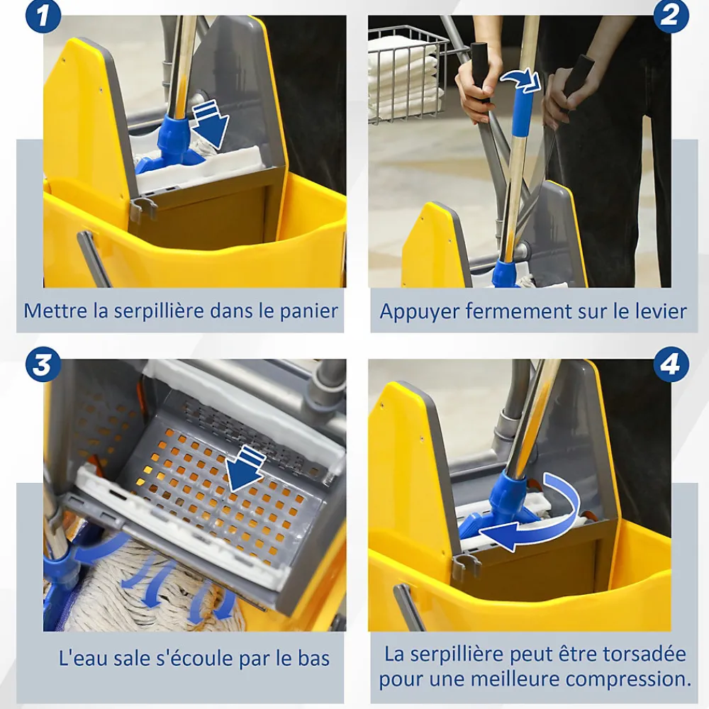 Chariot de lavage chariot de nettoyage professionnel en acier presse à mâchoire seau + rangements jaune>Homcom Hot