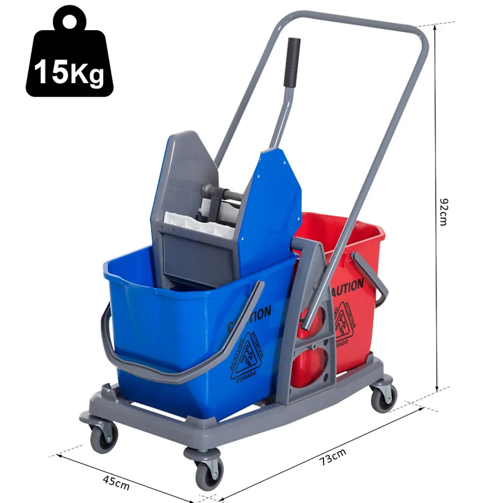 Chariot de lavage chariot de nettoyage professionnel presse à mâchoire 2 seaux 25 L 73L x 45l x 92H cm plastique gris bleu rouge>Homcom Clearance