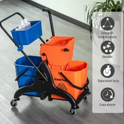 Homcom Chariot de lavage chariot de nettoyage professionnel presse à mâchoire 2 seaux + rangement orange bleu* Seau, Bassine, Récipient De Ménage