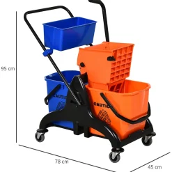 Homcom Chariot de lavage chariot de nettoyage professionnel presse à mâchoire 2 seaux + rangement orange bleu* Seau, Bassine, Récipient De Ménage