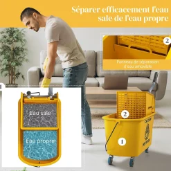 Homcom Chariot de ménage chariot de lavage nettoyage professionnel essoreuse latérale seau 20L poignée et serpillère jaune* Seau, Bassine, Récipient De Ménage