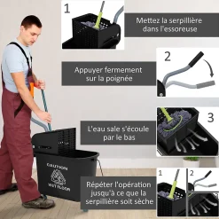 Homcom Chariot de nettoyage lavage seau de ménage 20 L avec essoreur et séparateur eau sale propre noir* Seau, Bassine, Récipient De Ménage