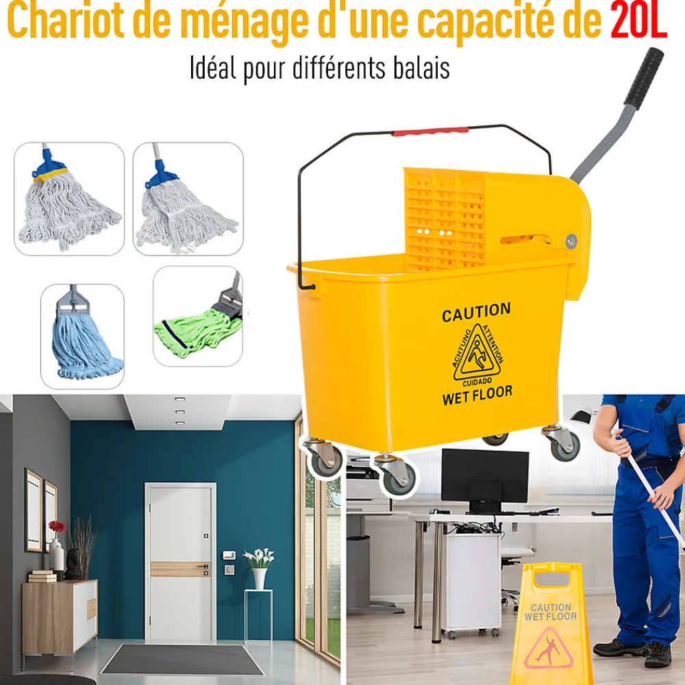 Chariot de nettoyage lavage seau de ménage 20 L avec essoreur et séparateur eau sale propre jaune>Homcom Discount