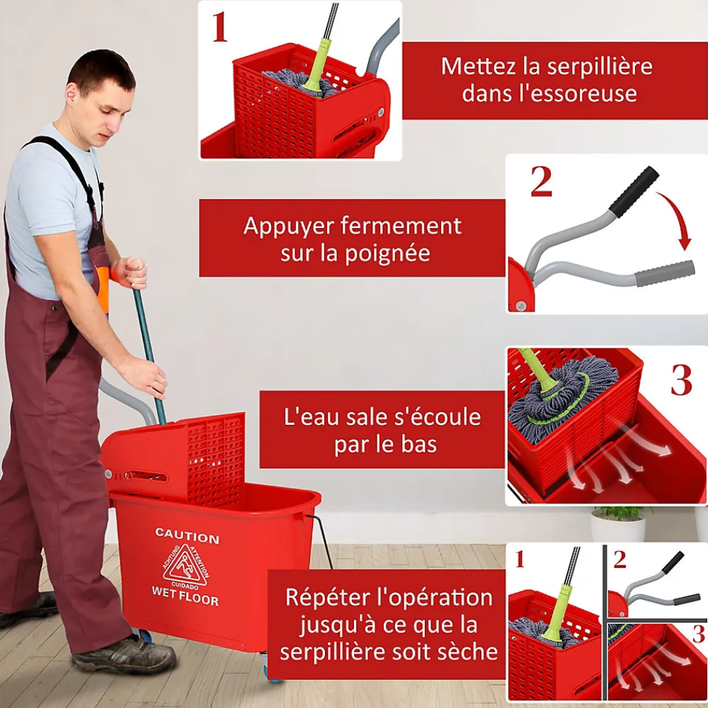 Chariot de nettoyage lavage seau de ménage 20 L avec essoreur et séparateur eau sale propre rouge>Homcom Best