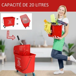Chariot de nettoyage lavage seau de ménage 20 L avec essoreur et séparateur eau sale propre rouge><noscript><img width=