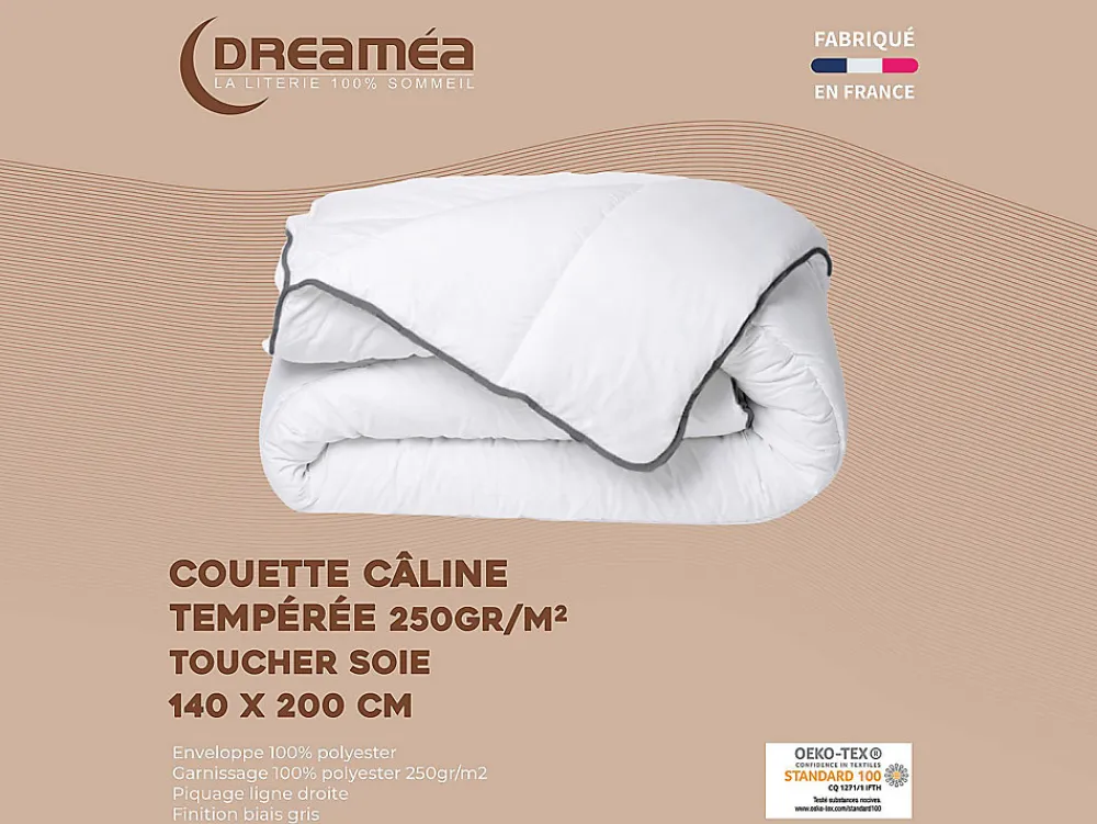 Couette Câline toucher soie 140 x 200 cm - 250 g/m² - Blanc biais gris - BIESYA>Vente-unique Online