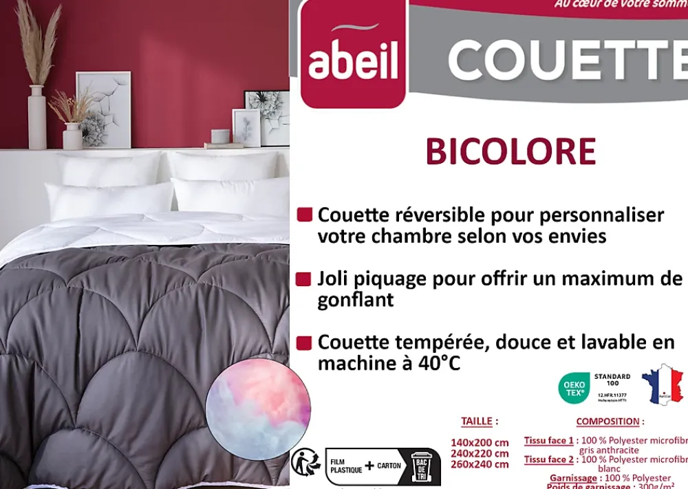 Abeil Couette tempérée 240 x 260 cm bicolore polyester gris et blanc* Couette