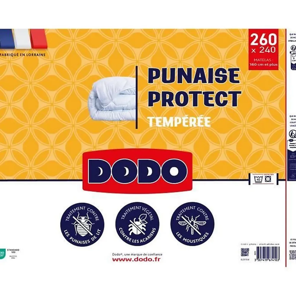 Dodo Couette tempérée 240x260 cm - 2 personnes - Protection anti punaise, anti acarien - 300G/m² - Blanc - Fabriqué en France* Couette