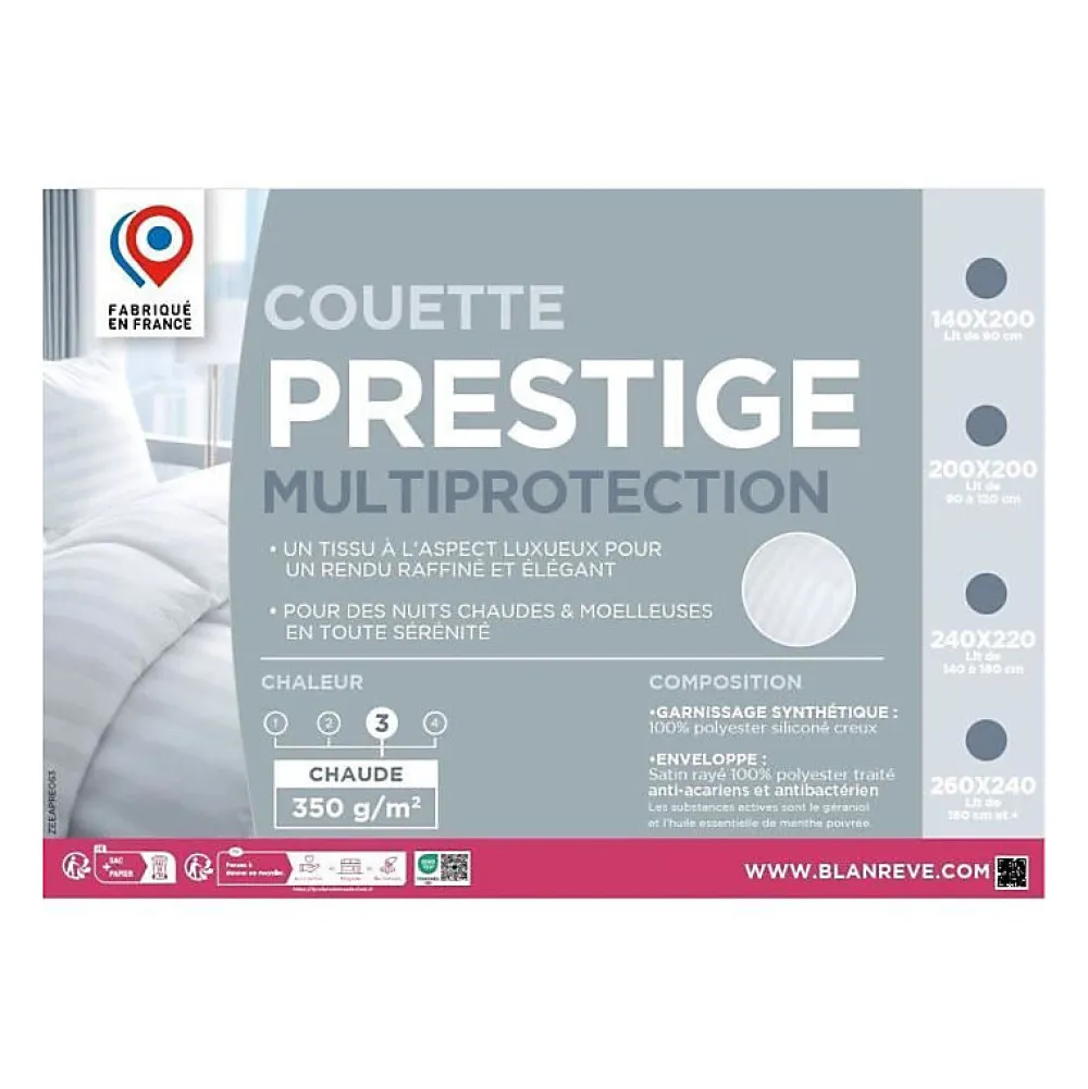 Blanreve Couette 240x260 cm PRESTIGE Multiprotection - 100% Polyester - 2 Personnes - Satin rayé* Couette