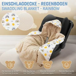 Joyz Couverture bébé moelleuse 84x84 cm beige motif arc-en-ciel en coton/polyester lavable à machine* Couverture