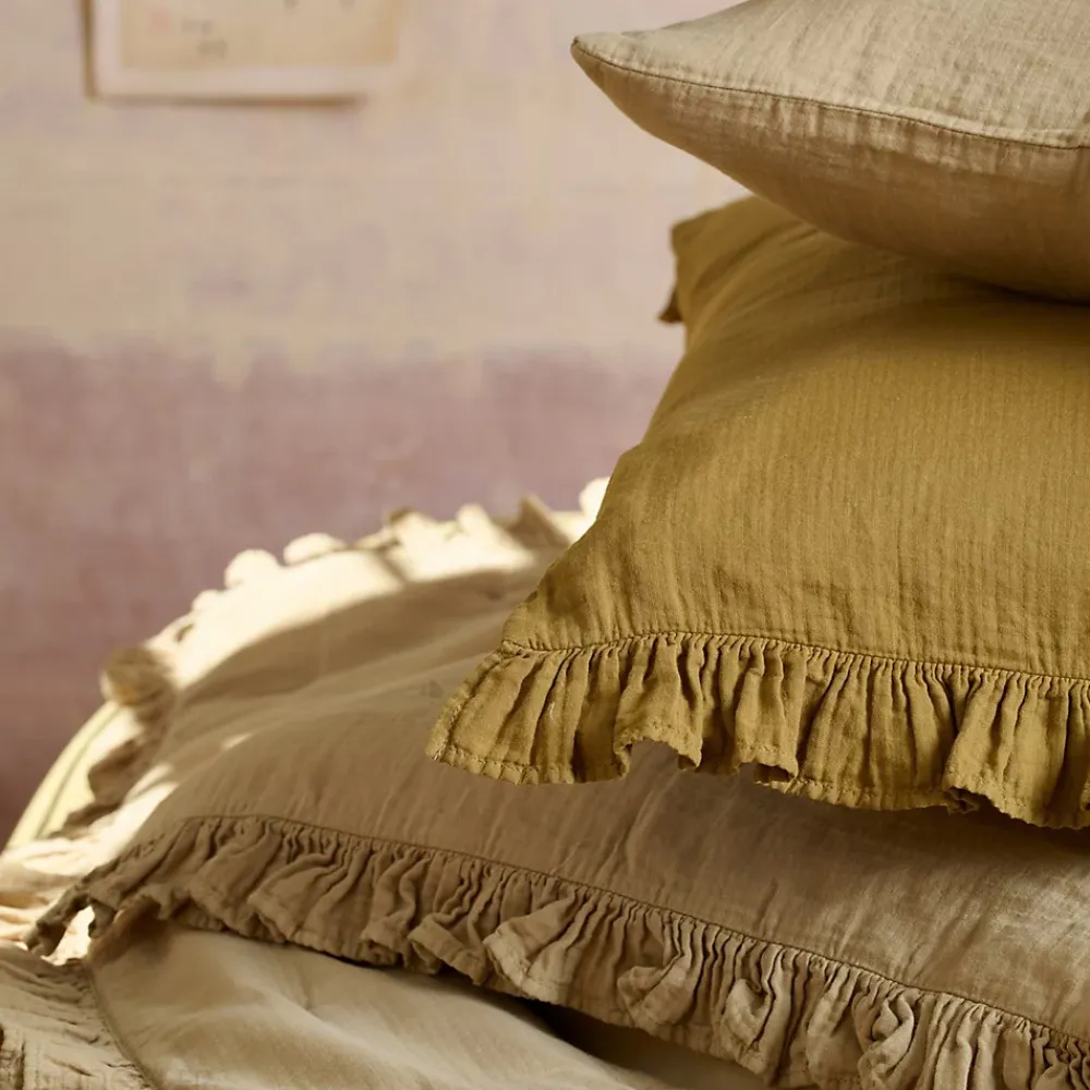 Linnea Couverture courtepointe en mousseline de coton 150x150 cm + 5 cm ELZA jaune jasmin* Couverture