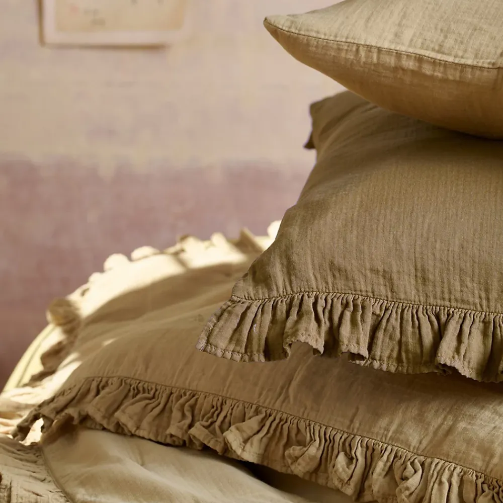 Linnea Couverture courtepointe en mousseline de coton 150x150 cm + 5 cm ELZA marron camel* Couverture