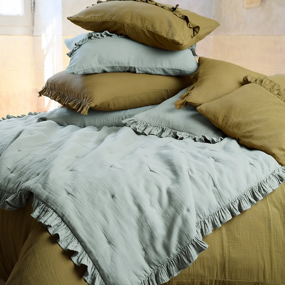 Couverture courtepointe en mousseline de coton 150x150 cm + 5 cm ELZA gris lichen>Linnea Clearance