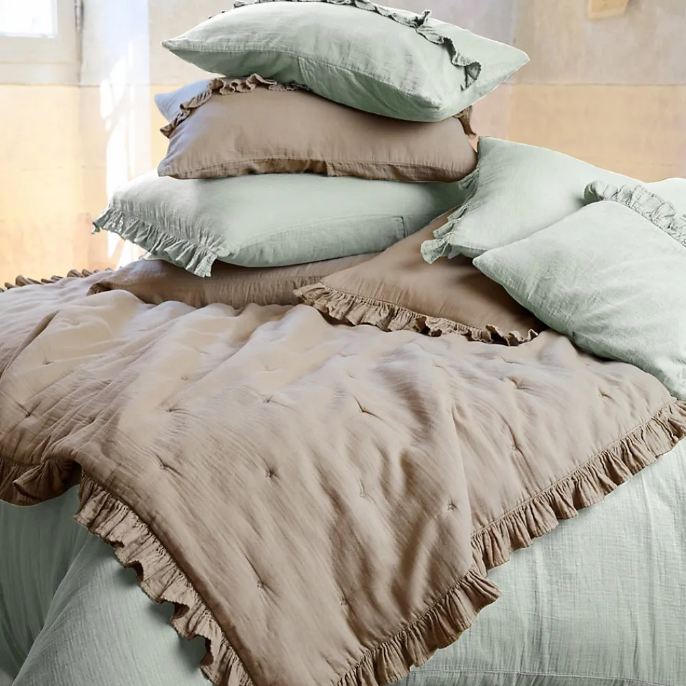 Couverture courtepointe en mousseline de coton 150x150 cm + 5 cm ELZA gris lichen>Linnea Clearance