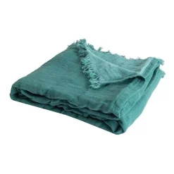 Couverture plaid 100% coton bleu turquoise avec franges 130x170cm BITALD ->Sacasa