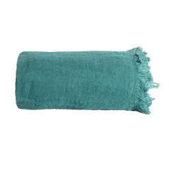 Couverture plaid 100% coton bleu turquoise avec franges 130x170cm BITALD -><noscript><img width=