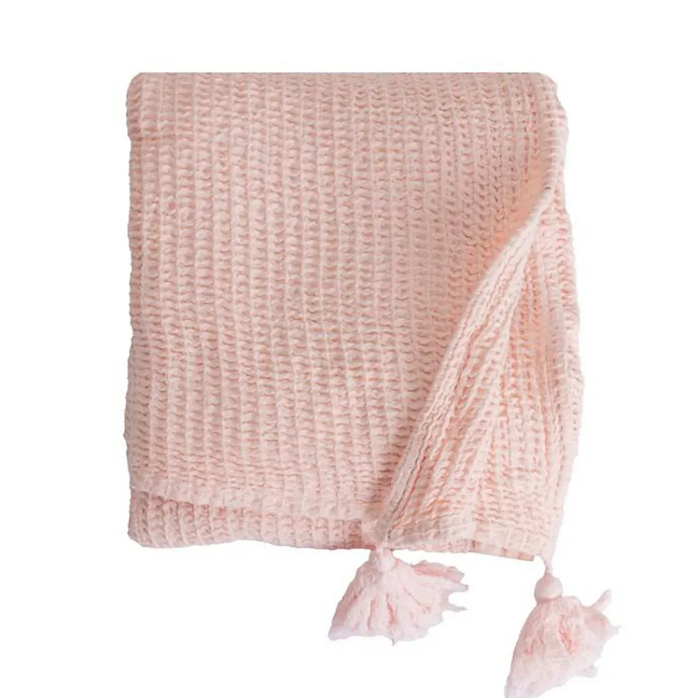 Couverture plaid 100% coton rose pâle avec pompons 130x170cm ARNISKA ->Sacasa