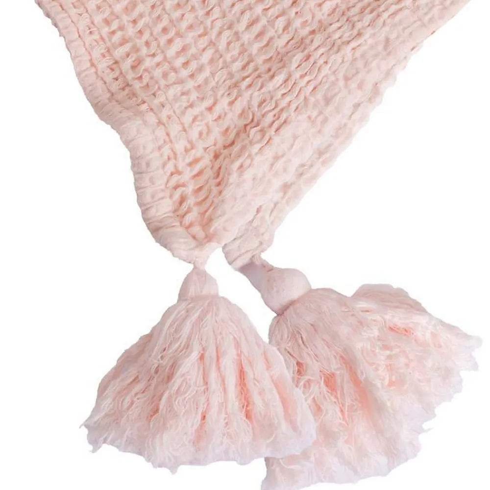 Couverture plaid 100% coton rose pâle avec pompons 130x170cm ARNISKA ->Sacasa
