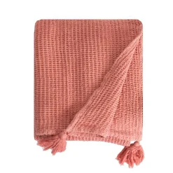 Couverture plaid 100% coton rose saumon avec pompons 130x170cm ARNISKA -><noscript><img width=
