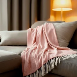 Sacasa Couverture plaid 100% coton rose saumon avec franges 180x220cm ZIGORA -* Boutis, Couvre-Lit, Édredon