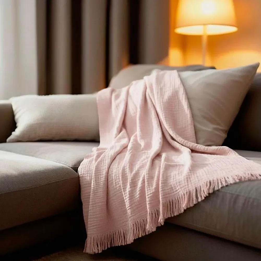 Sacasa Couverture plaid 100% coton rose pâle avec franges 130x170cm BITALD -* Boutis, Couvre-Lit, Édredon